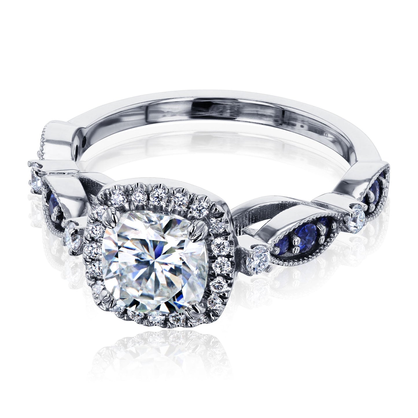 Sapphire Eyelet Moissanite and Diamond Halo Ring