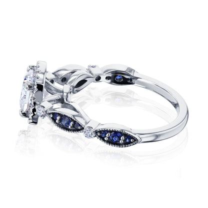 Sapphire Eyelet Moissanite and Diamond Halo Ring