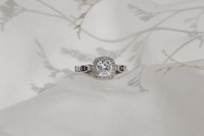 Sapphire Eyelet Moissanite and Diamond Halo Ring