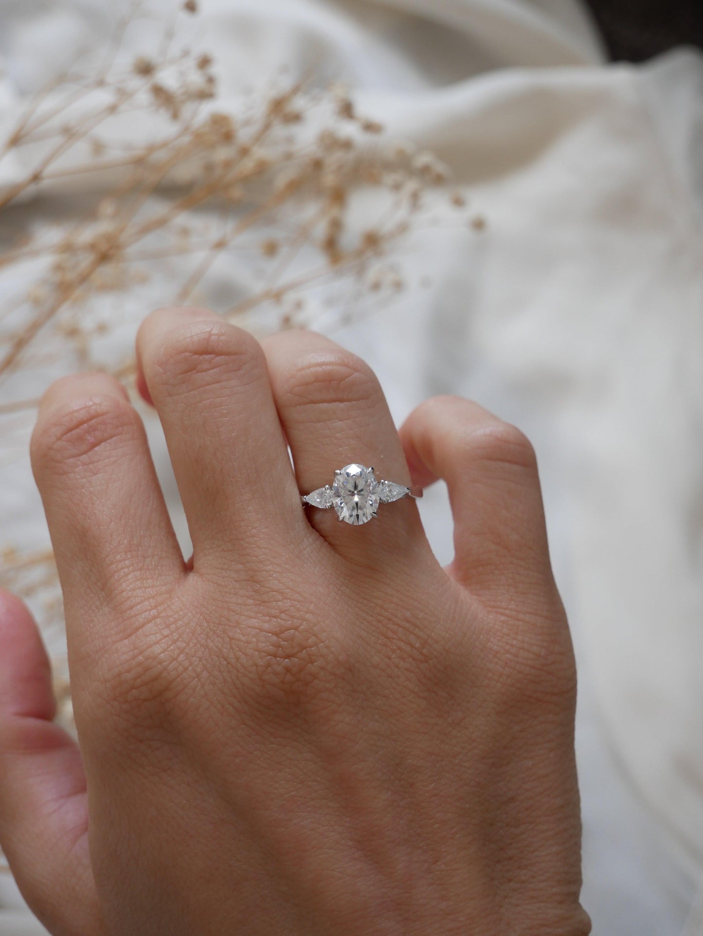 Oval Cut With Pear Accent Stones Moissanite Engagement Ring - Ready To Ship