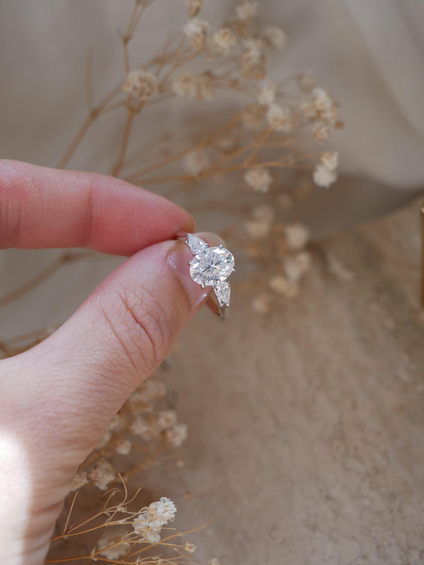 Oval Cut With Pear Accent Stones Moissanite Engagement Ring - Ready To Ship